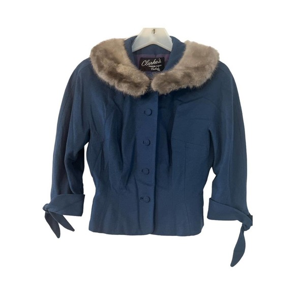 Bettie Page Jackets & Blazers - VINTAG BETTI JEAN TEAL WOOL SILVER MINK COLLAR CROPPED COAT SZ S-M